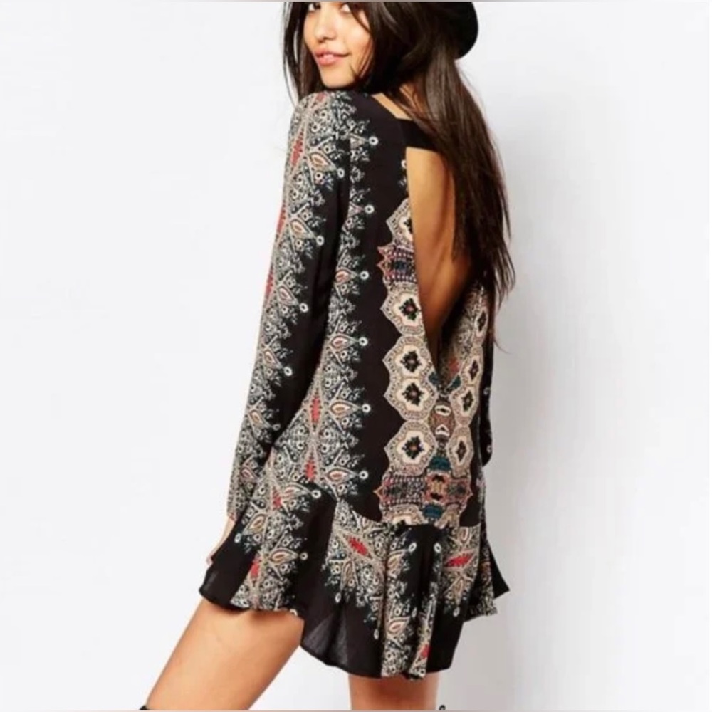Free People Black and Cream Patterned Mini Dress